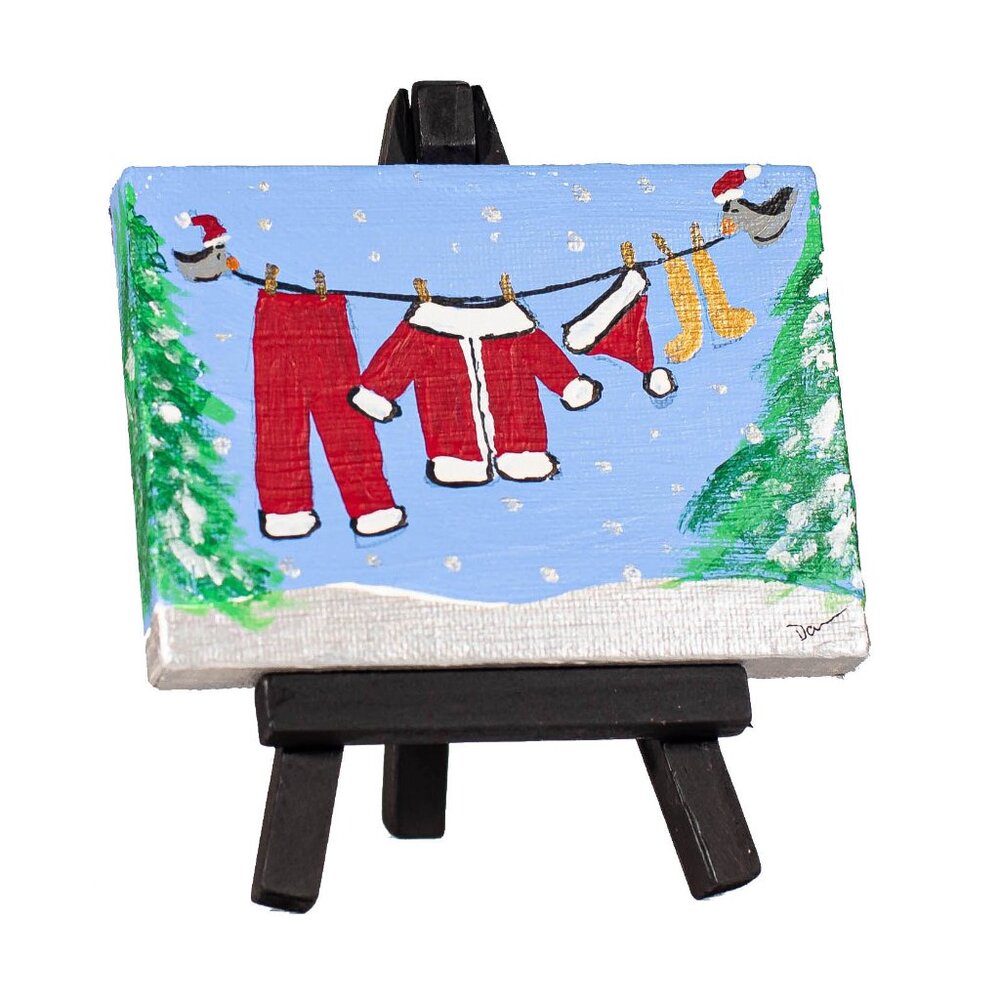"Santa's Laundry I" Original Table Art Painting w/Easel by Dawn M. Wayand